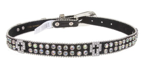 Kids 1" 25 mm Western Cowgirl Rhinestone Cross Studded Skinny Belt Black | 22" - Picture 2 of 3