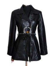 Olivia Black Ladies Retro Designer Knee Length Real Lambskin Leather Trench Coat