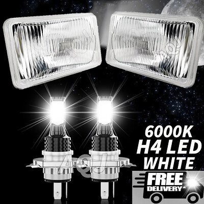 4X6'' LED Crystal Clear Glass Metal Headlight 8000Lm H4 Light Bulb Headlamp Pair