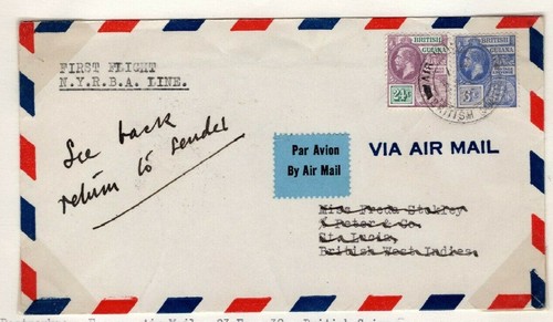 BRITISH GUIANA First Flight Cover ST LUCIA Retour FFC 1930 *NYRBA*Air Rare EP513