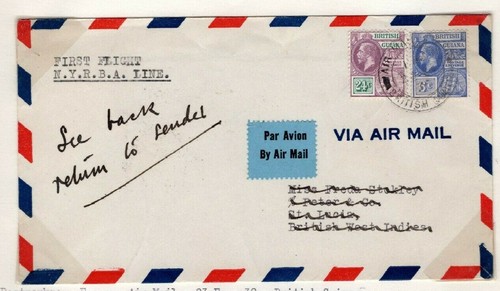 BRITISH GUIANA First Flight Cover ST LUCIA Retour FFC 1930 *NYRBA*Air Rare EP513 - Picture 1 of 6