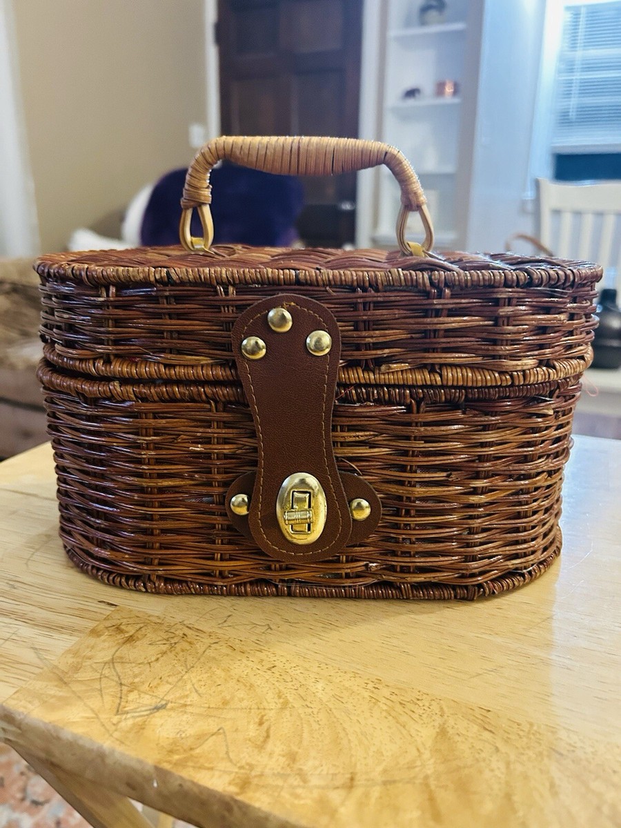 Vintage Woven Rattan Wicker Miniature Picnic Basket Purse