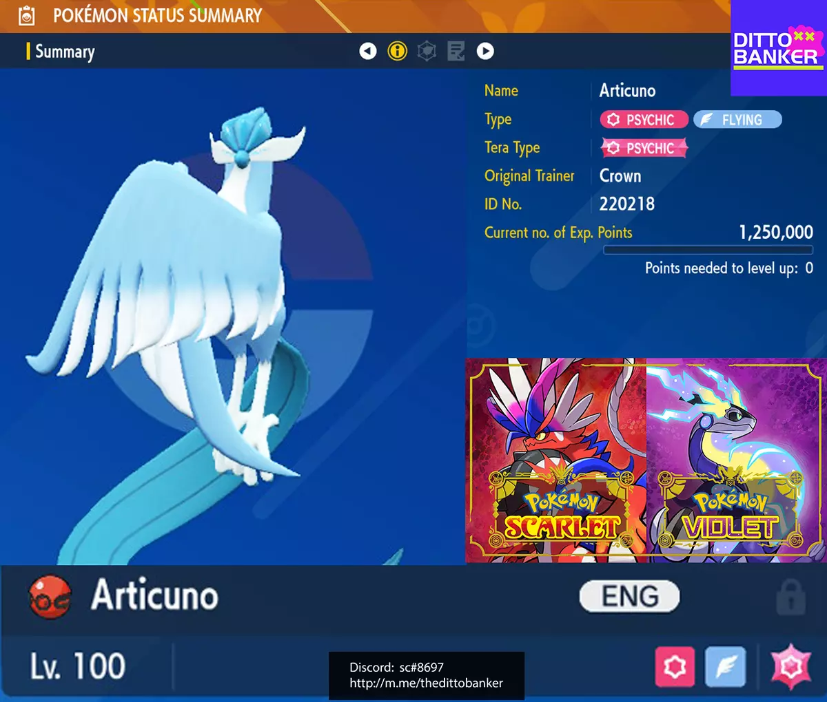 Pokémon Scarlet and Violet/ Rare Shiny Articuno Galarian/ 6IV 