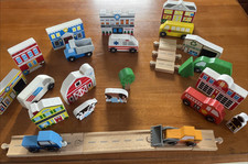 Wooden Train Village Assortment Buildings Trees People vehicles Lot of 25 