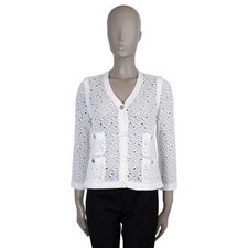 73757 auth CHANEL white cotton 11S OPEN CROCHET KNIT Cardigan Sweater 40 M