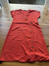 Peacocks Size 14 Short Linen Dress Tomato Red Button Trim V Neck