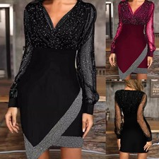 UK Women's Party Evening Bodycon Mini Dress Ladies Mesh Long Sleeve Dresses Size