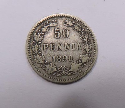 Finland Russia Silver 50 Pennia 1890 Double Headed Eagle VERY SCARCE