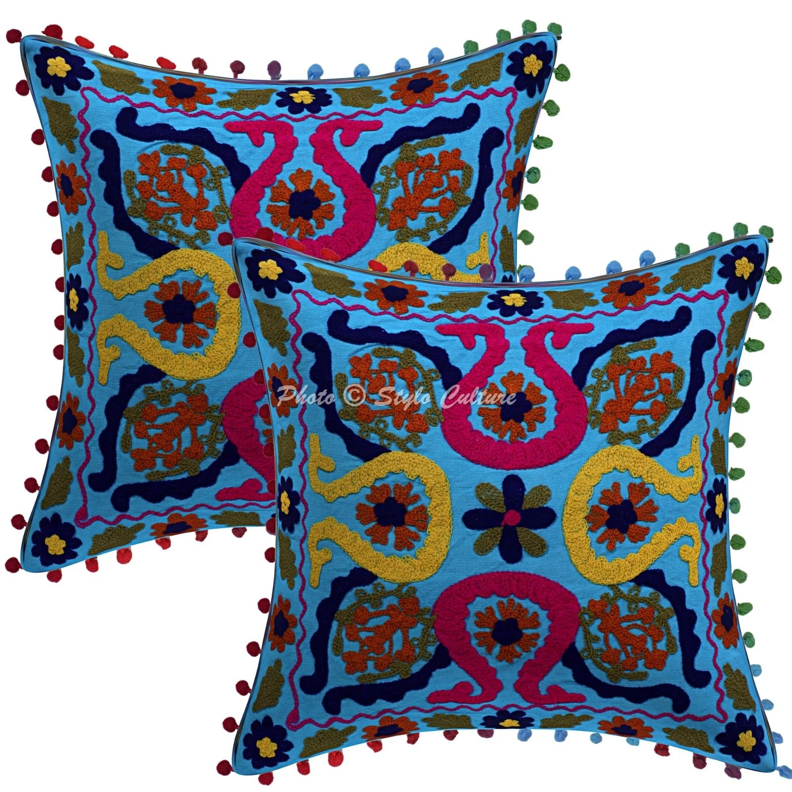 Ethnic Suzani Embroidered Pom Pom Throw Pillow Covers Cotton Floral 16x16 Inch
