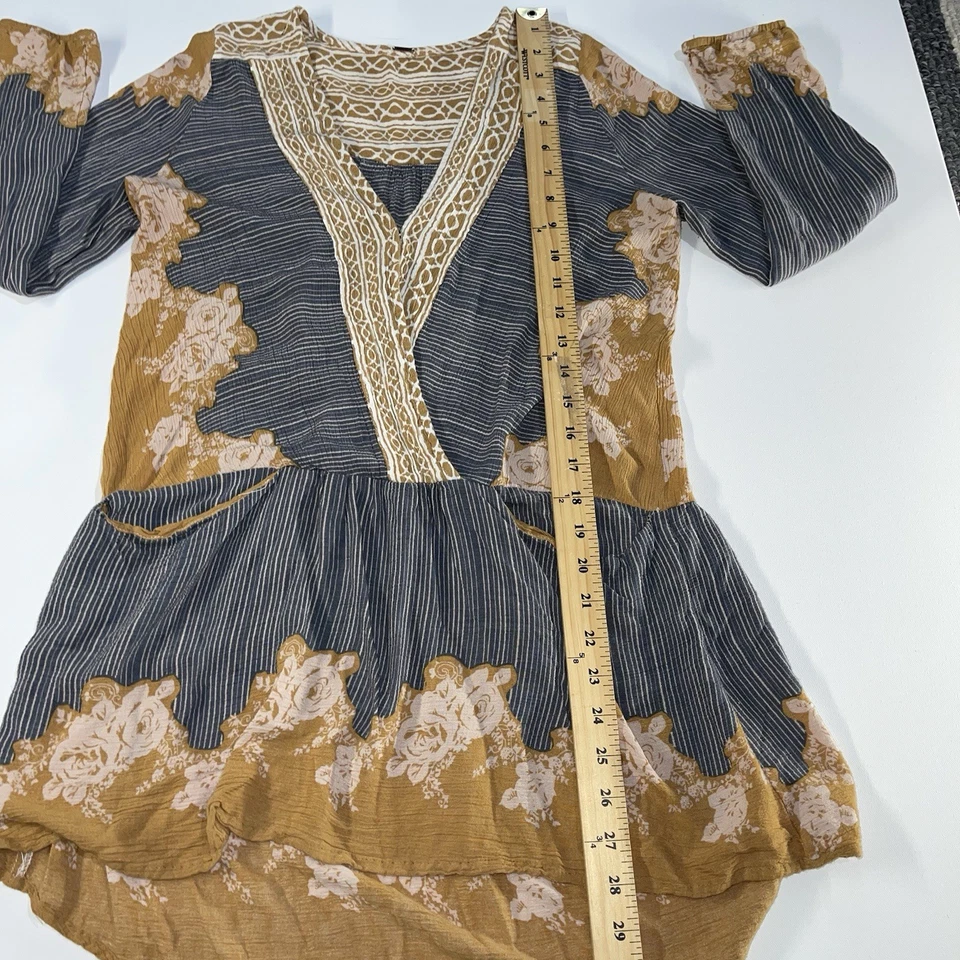 Top túnica Free People Boho floral a rayas de encaje M azul mostaza manga 3/4 campesino Foto 2 de 4