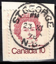 S.O.N. FRAGMENT, NICE POSTMARK: ST. GEORGE, N.B. CARICATURE DEFINITIVES 1974-76