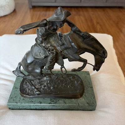 Vintage Signed Fredric Remington Bronco Busting Bronze Cowboy Excellent