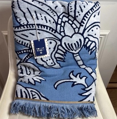 Roller Rabbit Blue & White Floral Cotton Fringed Beach Throw Blanket 50x60''