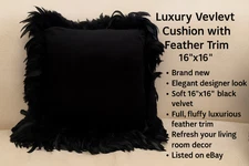Black Velvet Decorative Pillow with Feather Trim 16x16
