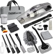 Kit limpieza coche gris con aspiradora 8000PA y 7 brochas + bolsa interior