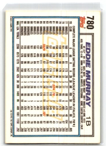 1992 Topps #780 Eddie Murray Gold Winners - Foto 2 di 2