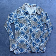Vintage Coventry 70s Disco Shirt XL Blue Floral Paisley Geometric Dagger Collar