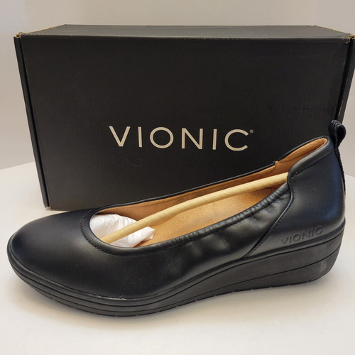 Vionic Jacey Flats Women's Sz 8.5 Black Leather Slip On Wedge Shoes NIB Fashion