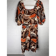 Mlle Gabrielle Boho Retro puff sleeve Brown Orange Abstract Midi Dress M