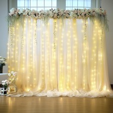 10ft x 10ft Champagne Sheer Tulle Backdrop Curtains with Lights String for Pa...