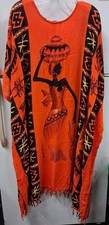 African Print Kaftan Tunic Dress Orange Black Dashiki One Size 100 Rayon