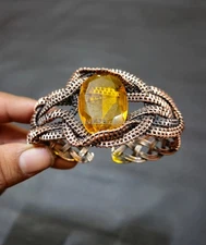 Citrine Wire Wrapped Bangle Copper Wrap Bracelet Handmade Adjustable Cuff Bangle