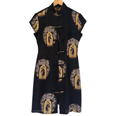 Harari Silk Cheongsam Dress Black Gold Novelty Print Frog Toggle Mandarin Small