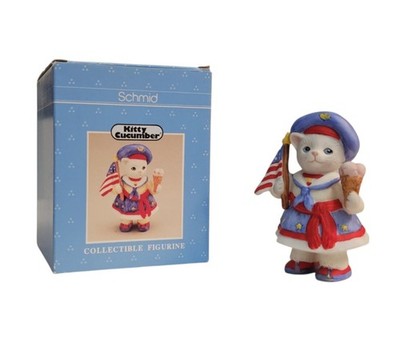 Schmid 1995 Kitty Cucumber White Cat Figurine Patriot Dress USA Flag & Ice Cream