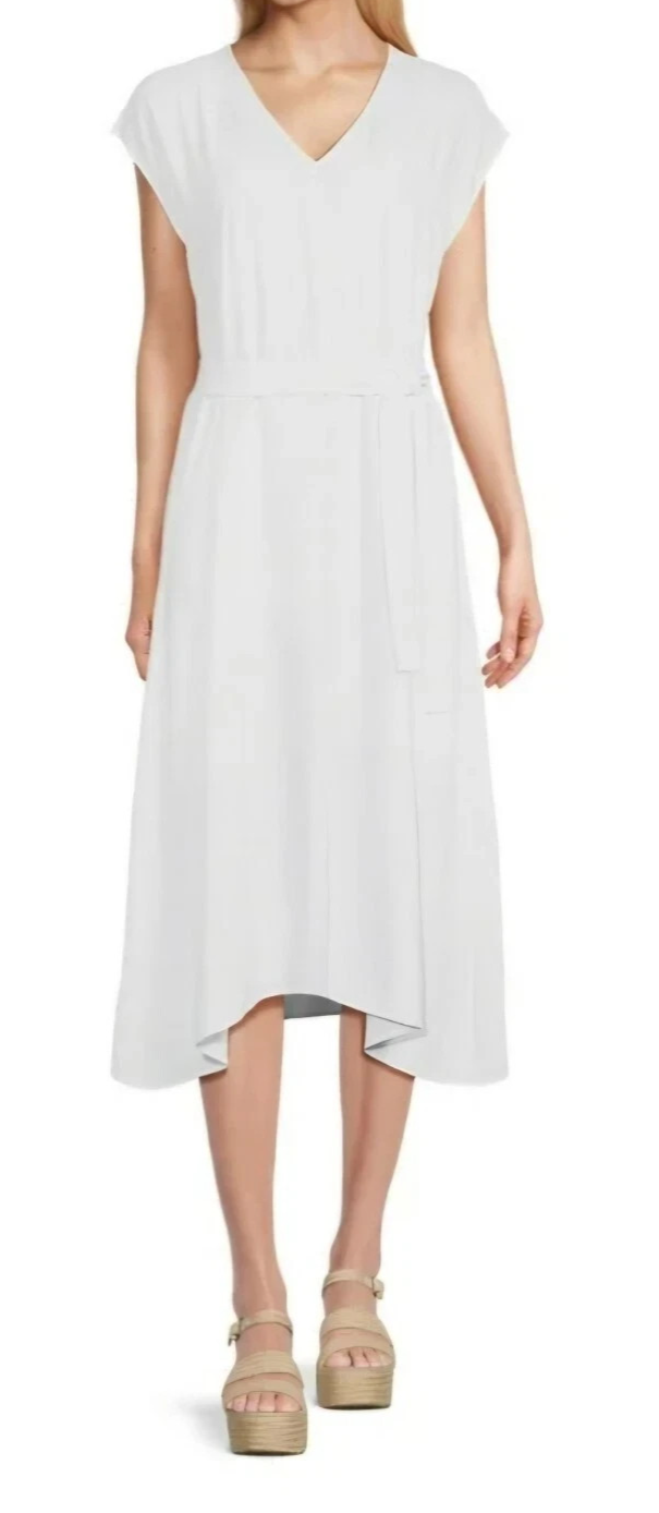 Time and Tru Womens Dress Size L 12-14 White V Neck Midi Belted Pullover Casual