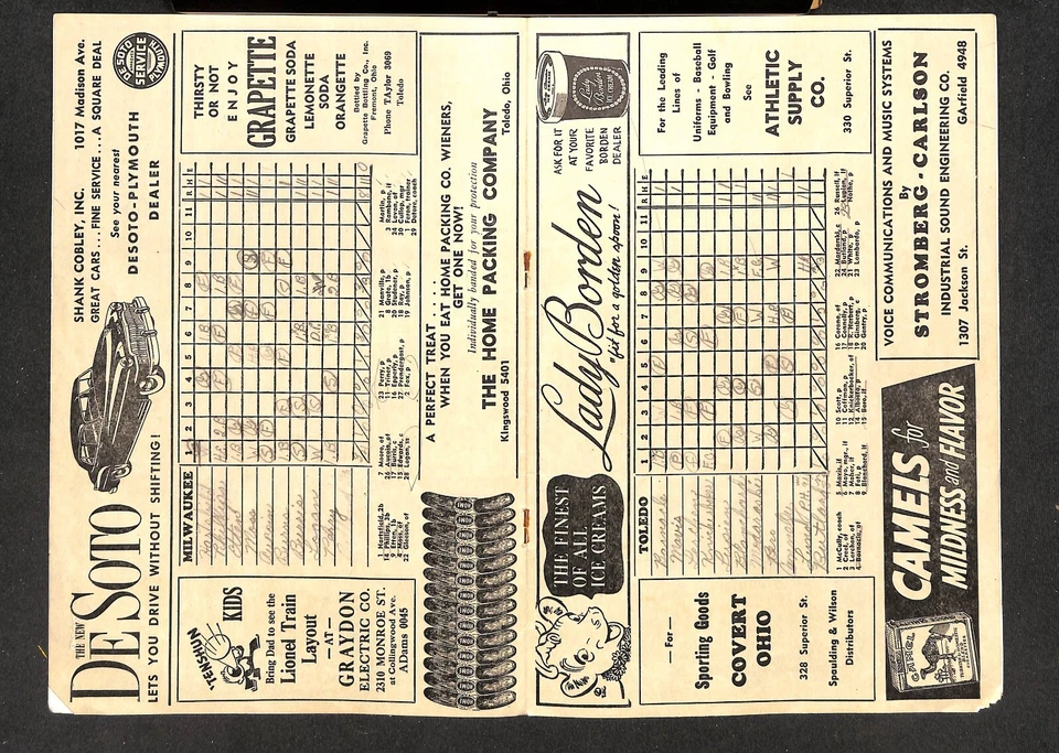 1949 MILWAUKEE BREWERS @ TOLEDO MUD HENS SCORECARD, SCORED - Image 2 of 2