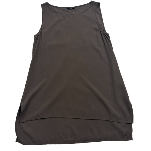 Eileen Fisher Silk Georgette Crepe Brown High Low Hem Sleeveless Top Size Small