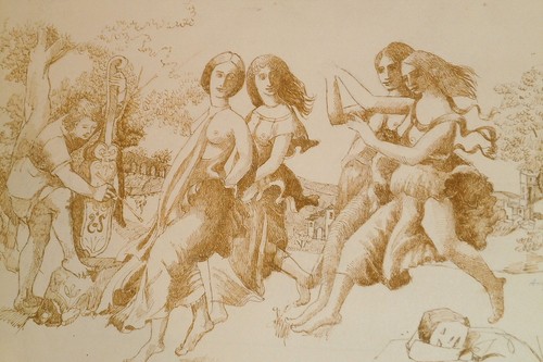 Renaissance Dance with Couples & Musician Drawing-12 x18-1965-August Mosca - Picture 2 of 7