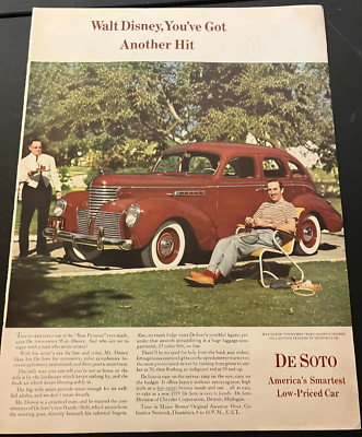 Red 1939 DeSoto and Walt Disney - Vintage Print Ad / Garage Wall Art - CLEAN