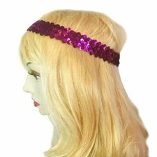 Women Fuchsia 1''Stretch Sequin Sparkle Elastic Headband Cheerleader Team Sports