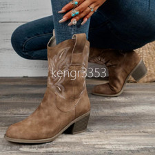 Image of Women's Embroidery Cowgirl Cowboy Boots Ladies Mid Wide Western Shoes UK