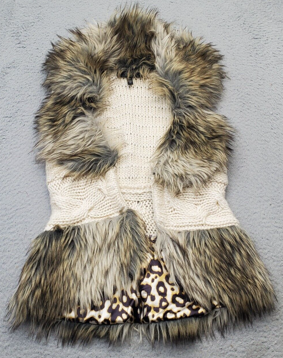 Jessica Simpson Faux Fur Sweater Vest Womens Medium Multi Sleeveless Open  Front