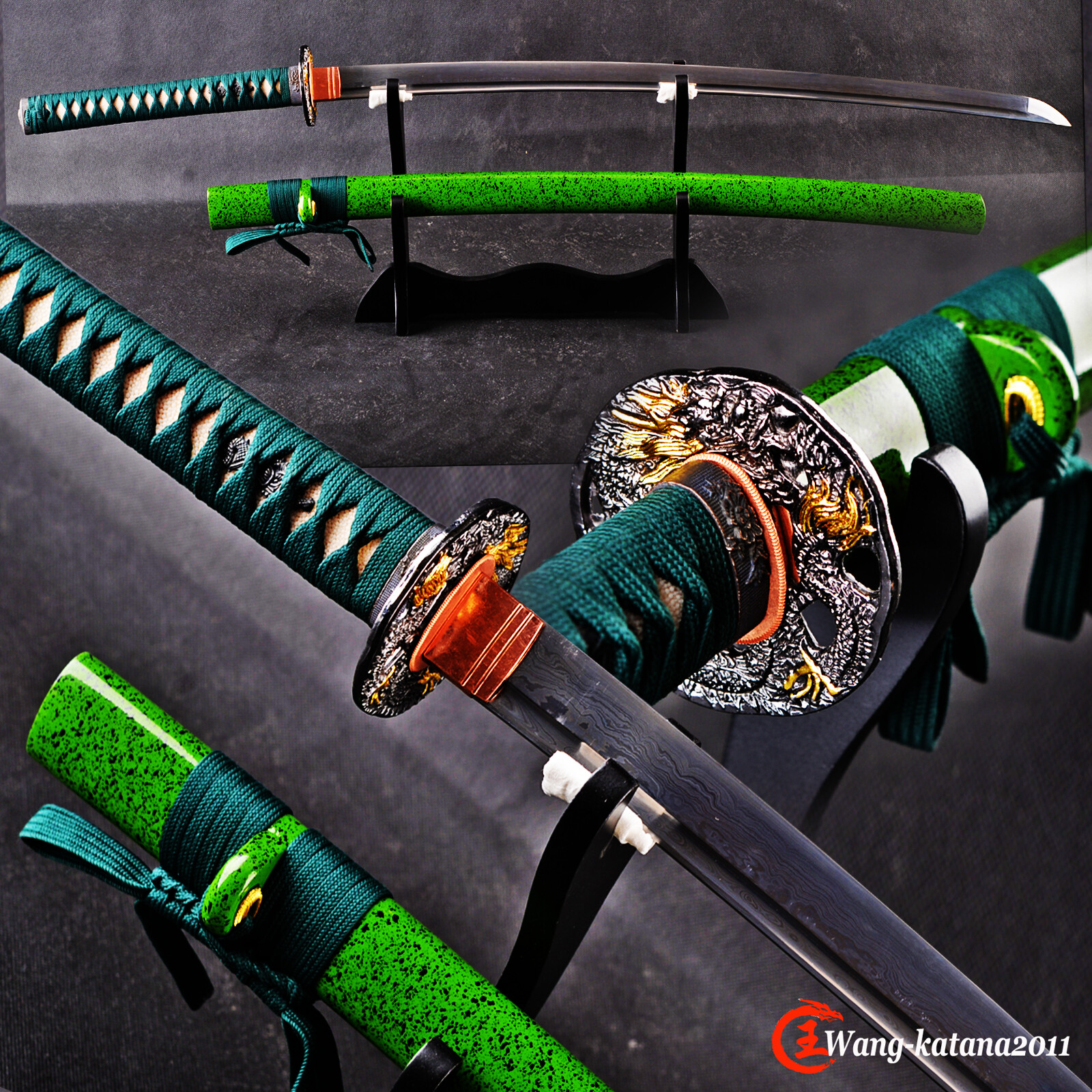 Damascus Folded Steel Katana Green Battle Ready Samurai Sword for Practical Use
