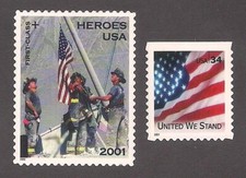 9-11 HEROES + UNITED WE STAND FLAG - SET OF 2 U.S. STAMPS - MINT CONDITION