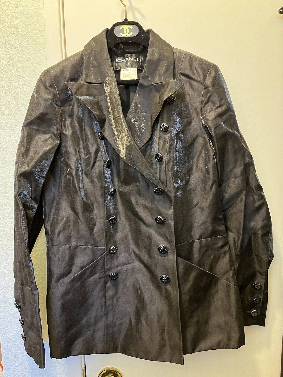 GIACCA CHANEL RUNWAY 20CC BOTTONE~CC~FODERATA IN SETA SPLENDIDA ELEGANTE NERA SCINTILLANTE 44