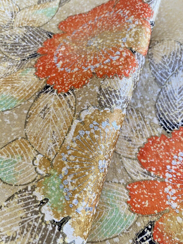 Vintage Japanese Kimono Silk Fabric, gold Floral rinzu 165CM(65")