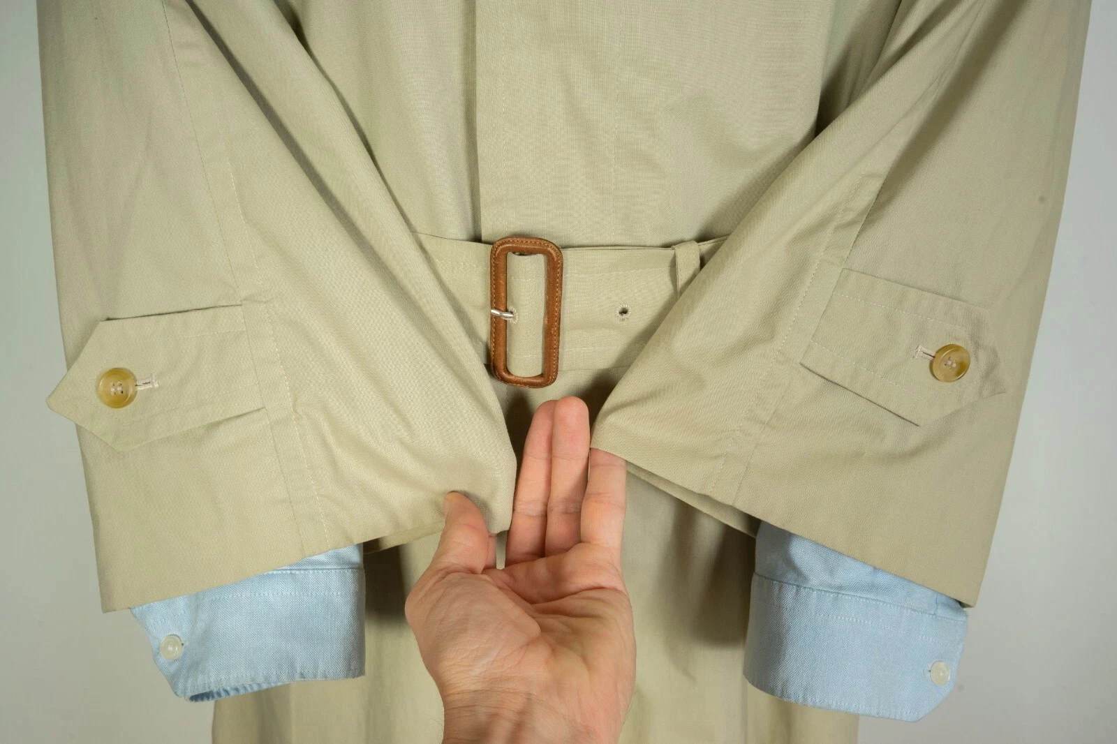 Burberrys Belted Beige/Green Men's Trench Coat Jacket Genuine Superb Size 50 - product detail image 7