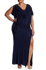 $495 ABS by Allen Schwartz Draped in Ruffles Gown Dress Navy Blue Size 2X