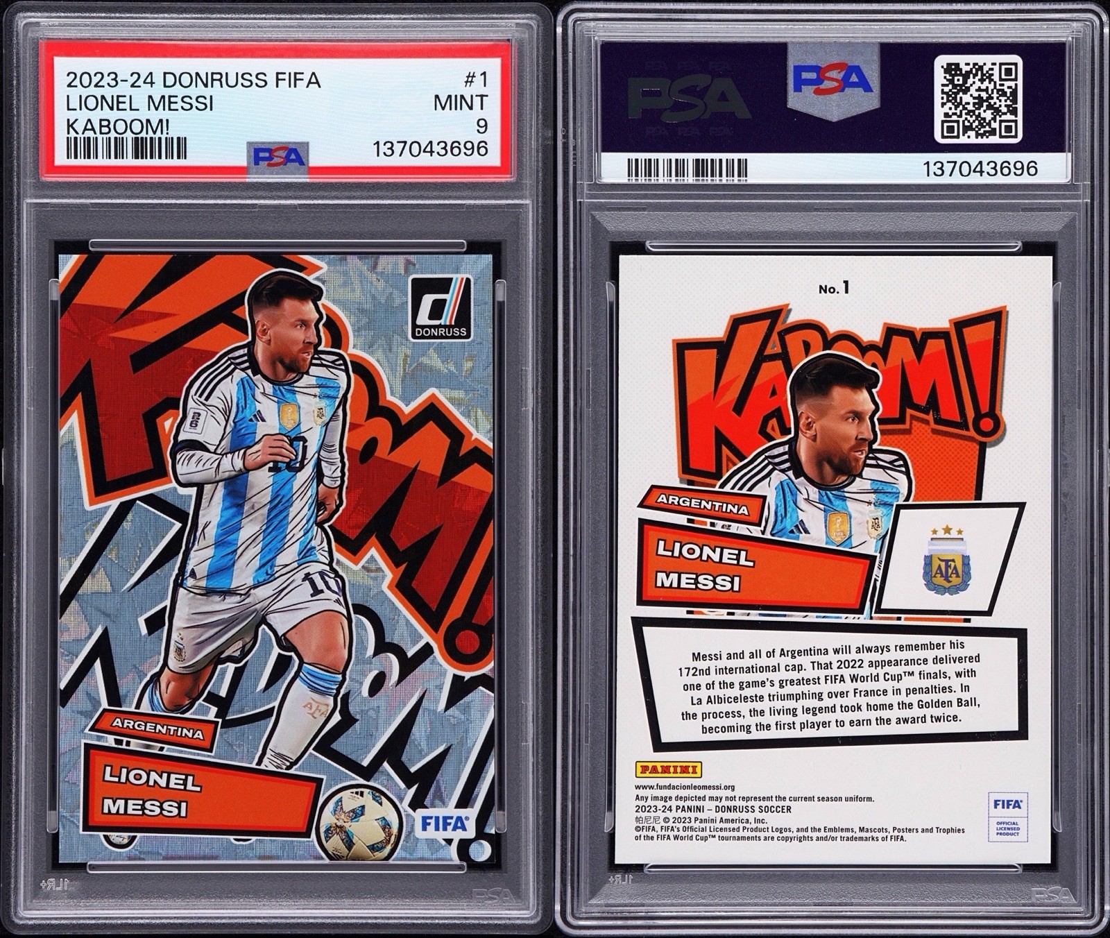 2023-24 PANINI DONRUSS FIFA KABOOM! #1 LIONEL MESSI PSA 9 view 3