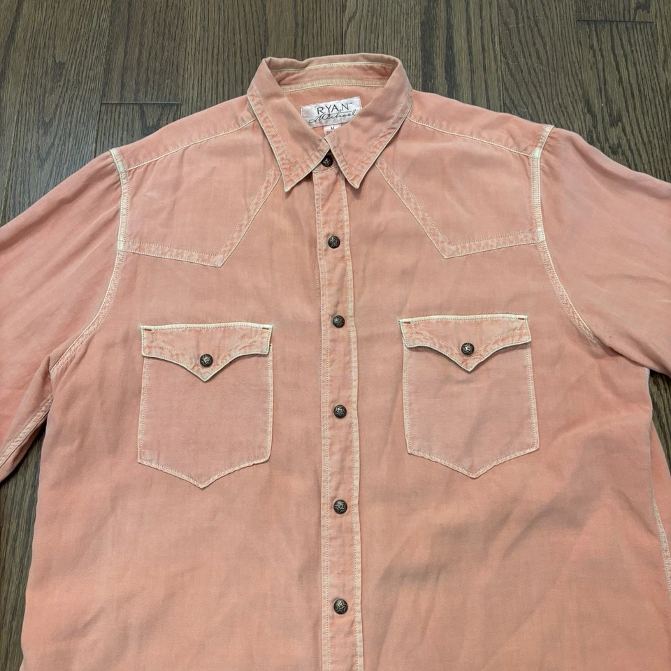 Camisa Ryan Michael Western Para Hombre M Naranja Seda Algodón Botón a Presión Vaquero Rodeo Foto 4 de 4