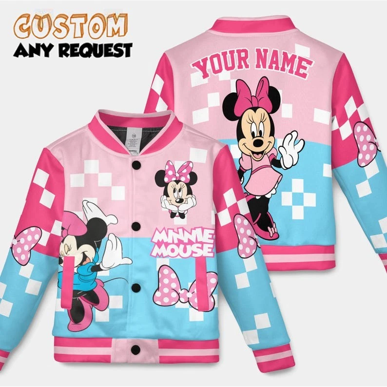 Personalized Cute Minnie Mouse Valentine Gift Blue Pink Baseball Jacket