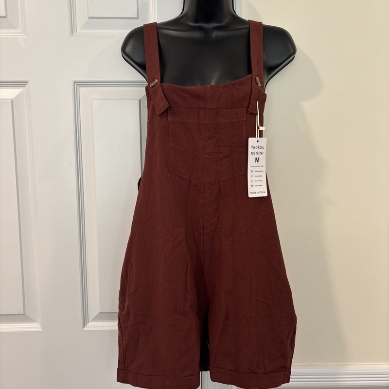 Yeokou Fashion Womens Brown Cotton/Linen Button straps,  Romper M NEW 