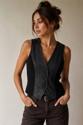 Vintage Erez Levy Black Leather & Wool Vest Women s Small Minimalist 90s