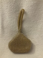 Womens Evening Bag Gold Rhinestone Bling Wristlet Clutch, Preowned