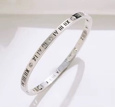 Stainless Steel Silver Roman Numeral Tarnish-Free Cuff Bangle Bracelet Size 7