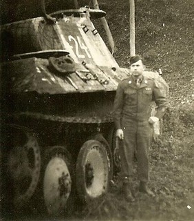 RARE! US Soldier Posed by KO'd German Pzkw.V Panther Panzer Tank "124"!!!